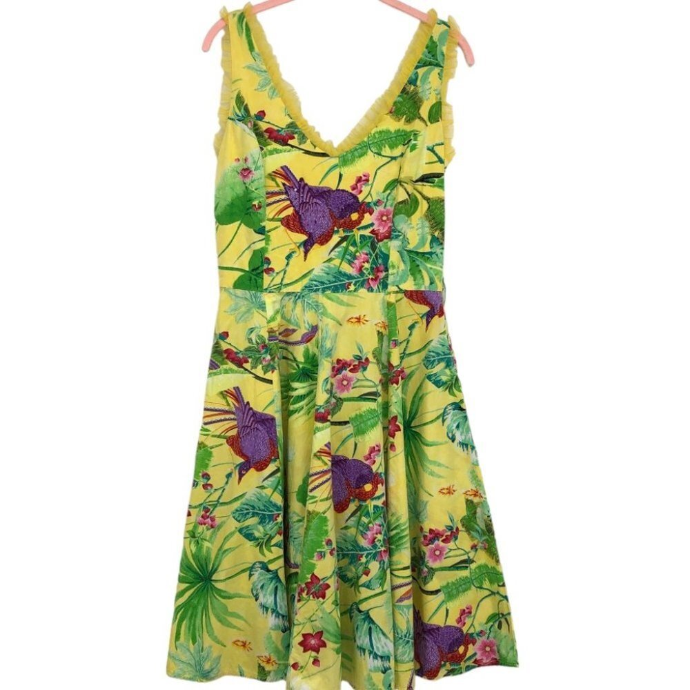 Handmade Yellow Tropical Floral Patterned Sleeveless Mini Dress size ~M